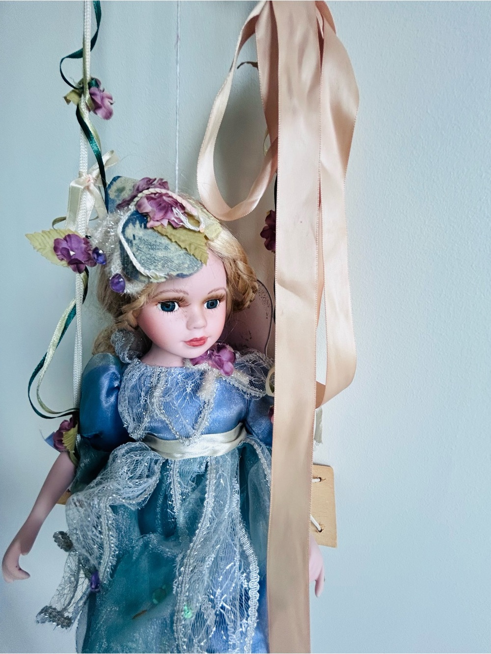 Porcelain Doll in Blue Dress with Floral Hat - Kids Toys